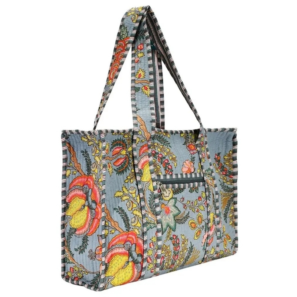 Floral Quilted Tote Bag in Blue and Multicolor